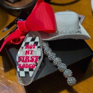 White Cowboy Hat Brooch with Pink Ribbon